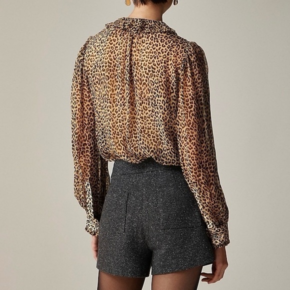 J. Crew Ruffle Button Down Leopard Print Crinkle Chiffon Blouse Size 0 - Picture 2 of 12